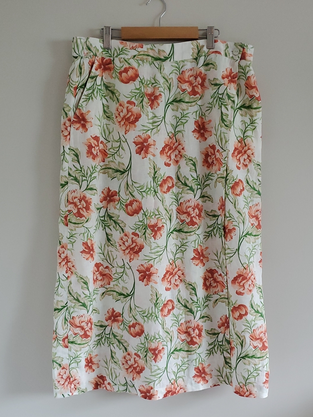 Joie Floral Midi Linen Wrap Up Skirt in Peach and Green on White Flowers Sz XL